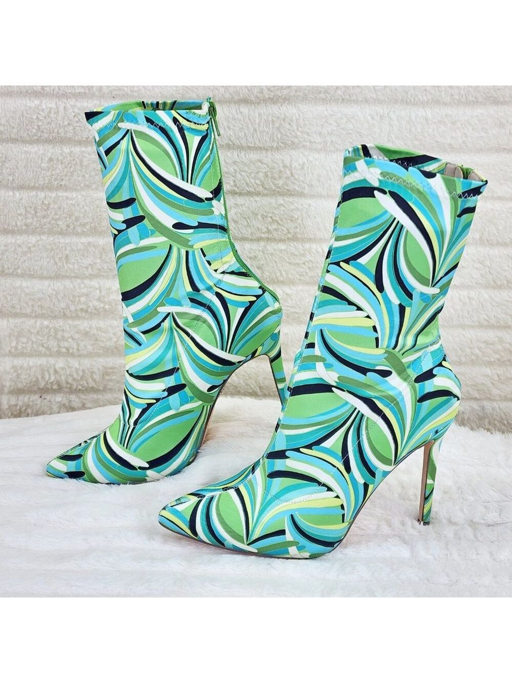 Odin Crazy Wild Color Pattern High Heel Stretch Fabric Ankle Boots - Green Blue - Picture 14 of 15